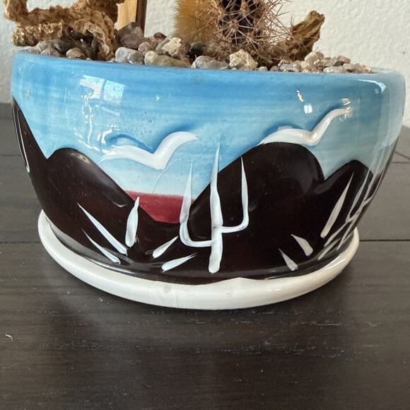 Arizona Southwest Ceramic Planter Pot w Saucer Desert Cactus Scene - Picture 3 of 6